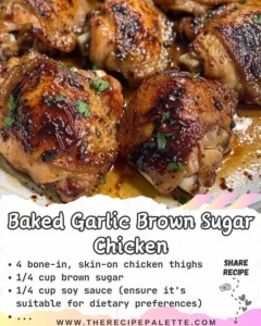 Baked garlic brown sugar chicken on a plate garnished with herbs