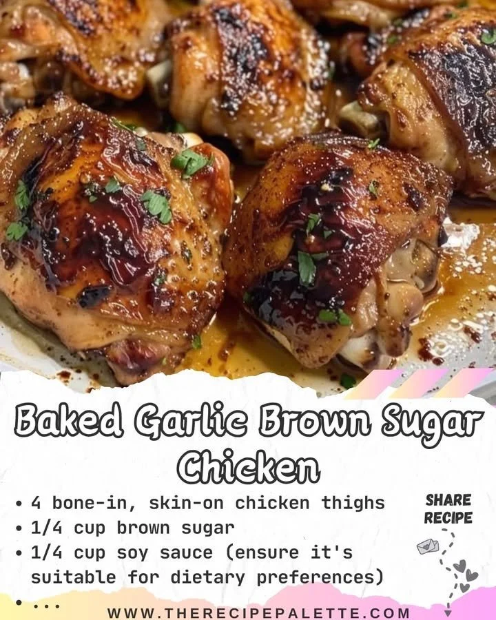Delicious Baked Garlic Chicken in brown sugar glaze garnished with herbs.