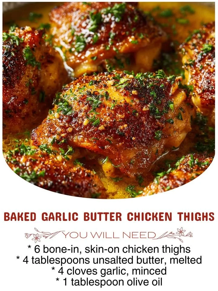 Baked garlic butter chicken thighs garnished with herbs on a plate.