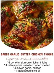 Baked Garlic Butter Chicken Thighs served on a platter with herbs