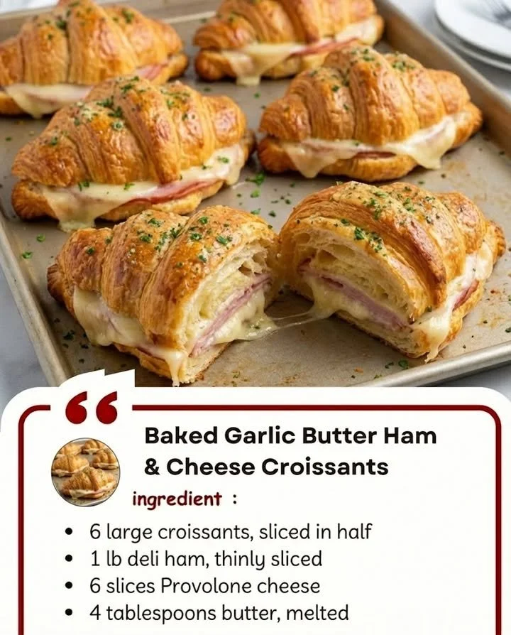 Baked garlic butter ham and cheese croissants fresh out of the oven