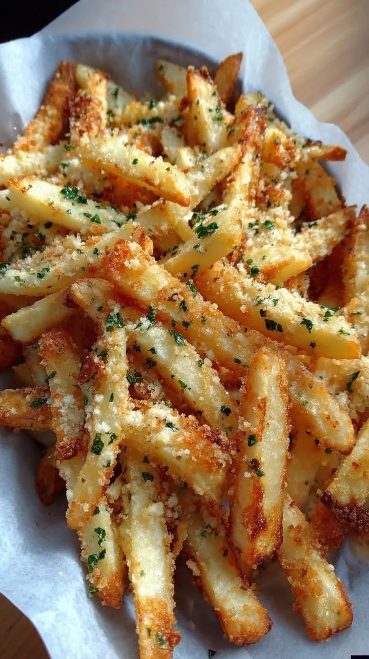 Baked Garlic Parmesan Fries topped with herbs and cheese on a plate