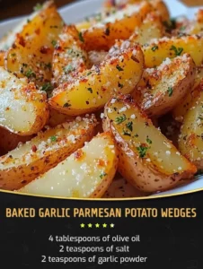 Baked garlic Parmesan potato wedges seasoned to perfection on a plate