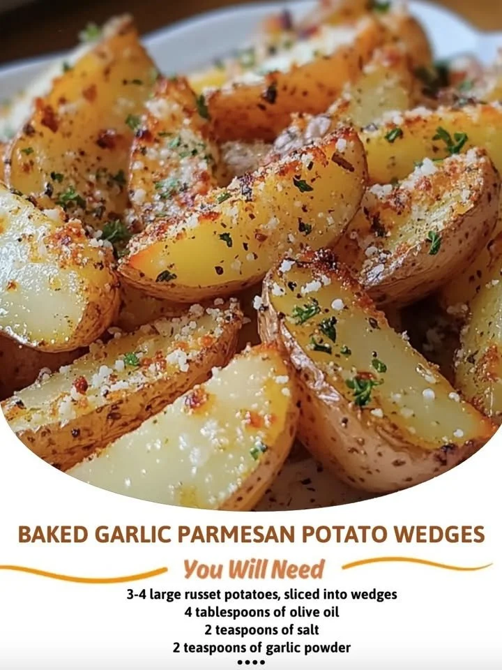 Baked Garlic Parmesan Potato Wedges served on a plate