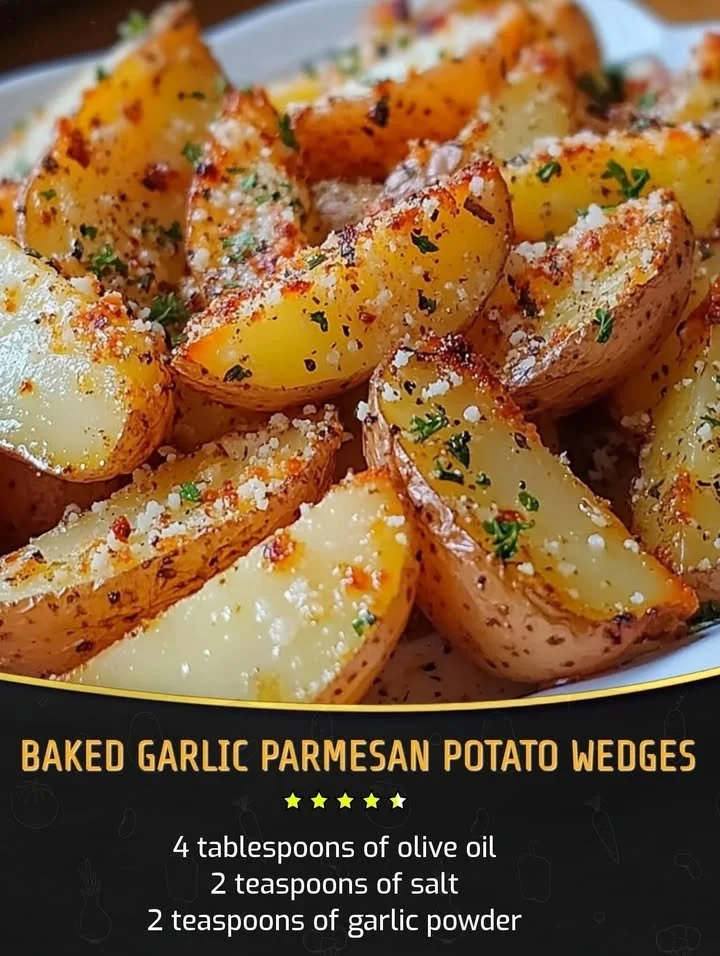 Baked Garlic Parmesan Potato Wedges garnished with herbs.