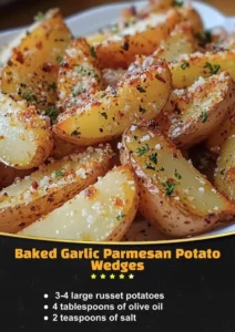 Baked garlic parmesan potato wedges on a plate, garnished with herbs.