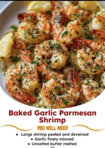 Baked Garlic Parmesan Shrimp garnished and served on a plate