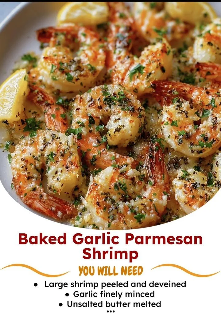 Baked Garlic Parmesan Shrimp garnished and served on a plate