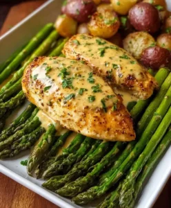 Delicious baked honey mustard chicken served with cheesy asparagus