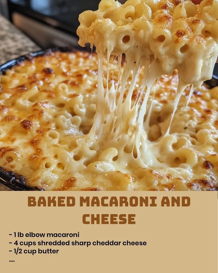 Delicious baked macaroni and cheese in a golden crust