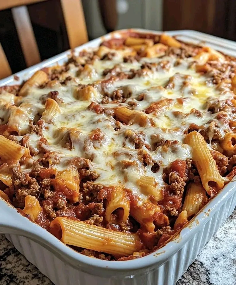 Delicious baked mostaccioli served in a casserole dish with cheese and herbs.