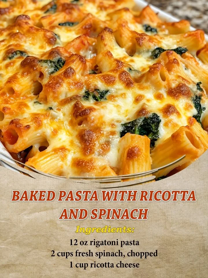 Baked pasta with ricotta and spinach topped with melted cheese