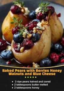 Baked pears topped with fresh berries, a delicious and healthy dessert
