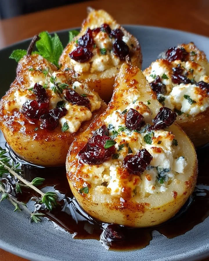 Baked Pears with Feta, Honey, and Cranberries