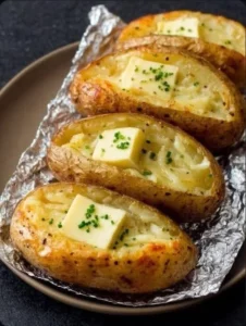 Deliciously baked potato topped with butter and chives served on a plate.