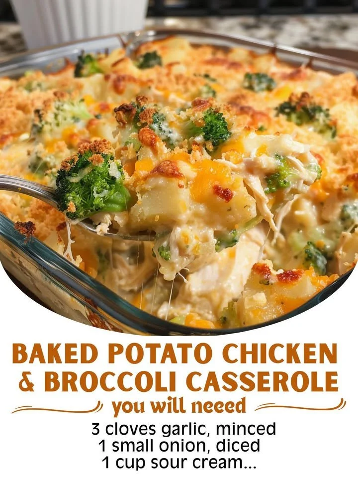 Delicious baked potato chicken and broccoli casserole fresh out of the oven.