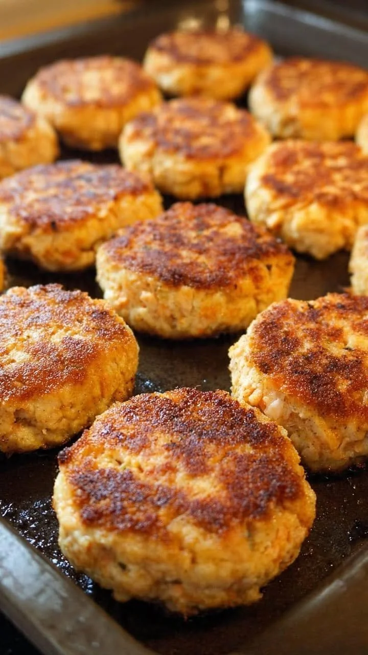 Baked salmon patties served with a side of salad on a plate