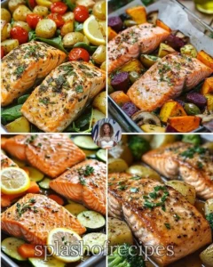Delicious baked salmon served with roasted potatoes and spinach salad.
