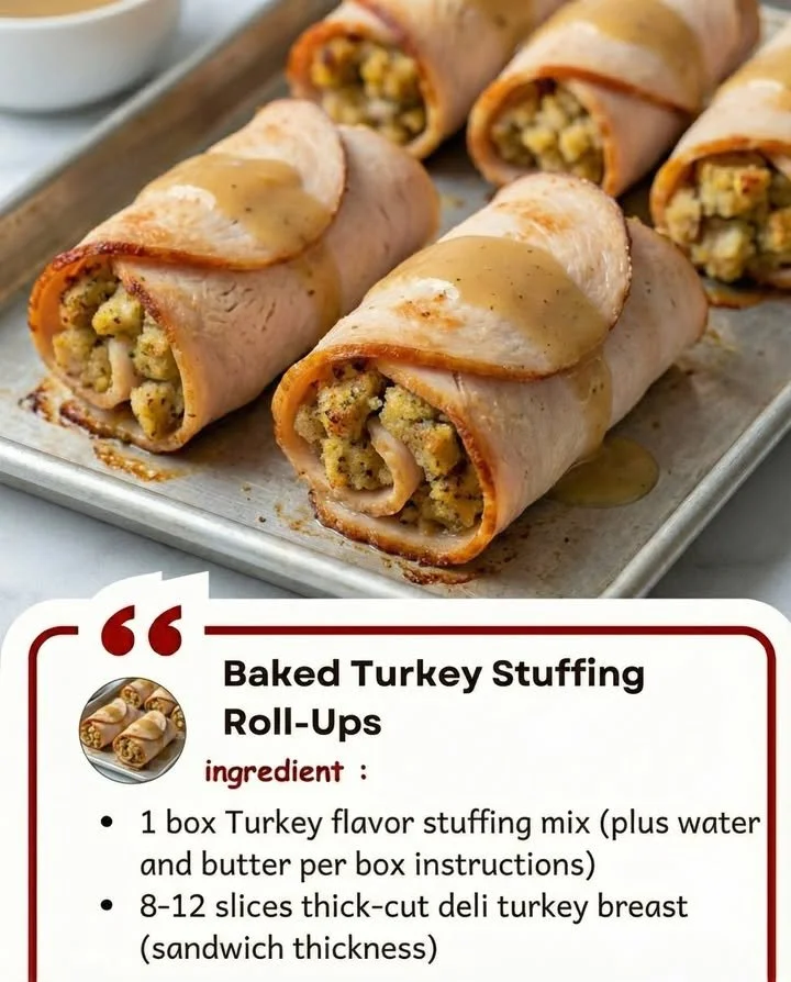Baked turkey stuffing roll-ups served on a platter with garnishes