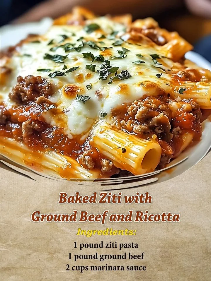 Delicious baked ziti with ground beef and ricotta cheese in a casserole dish