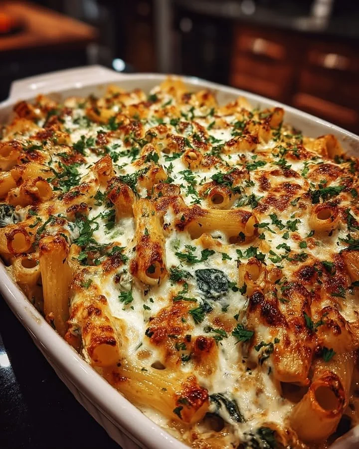 Baked Ziti with Ricotta and Spinach served in a casserole dish