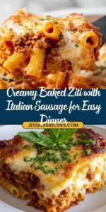 Baked ziti with sausage and cheese in a casserole dish