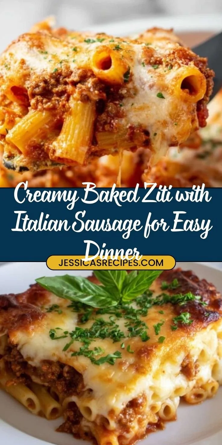 Baked ziti with sausage and cheese in a casserole dish