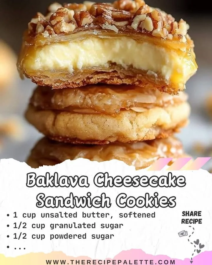 Baklava Cheesecake Sandwich Cookies on a white plate garnished with nuts.