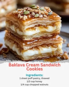Baklava cream sandwich cookies with flaky layers and nuts
