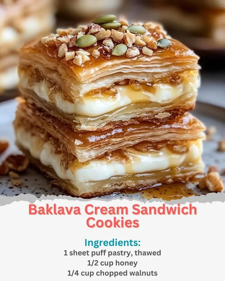 Baklava cream sandwich cookies with flaky layers and nuts