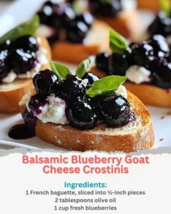 Balsamic blueberry goat cheese crostinis appetizer on a serving platter