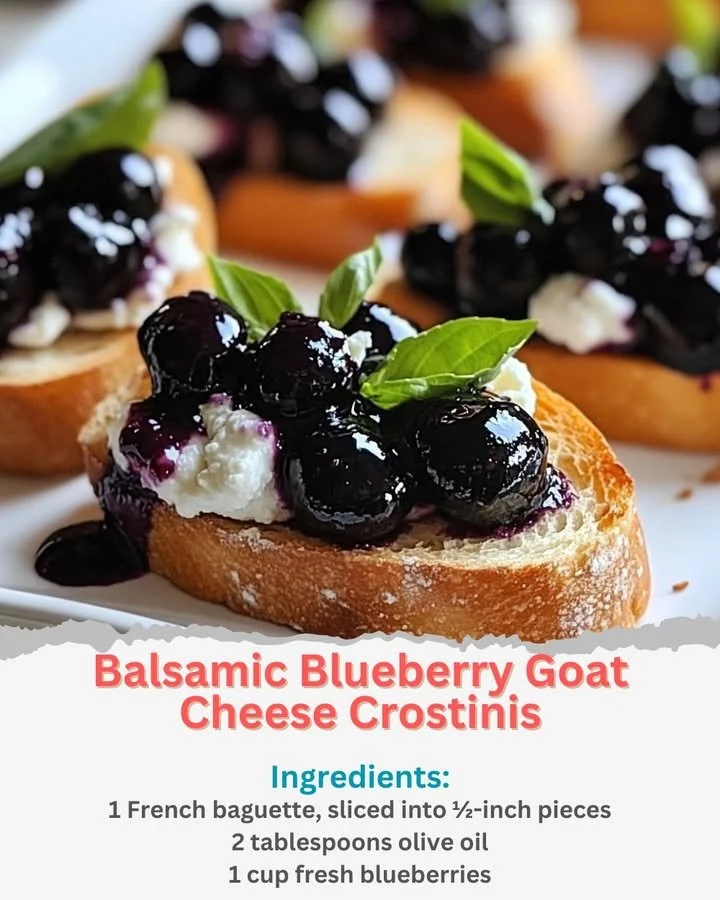 Balsamic blueberry goat cheese crostinis appetizer on a serving platter