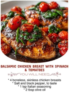 Balsamic chicken breast served with spinach and tomatoes on a plate
