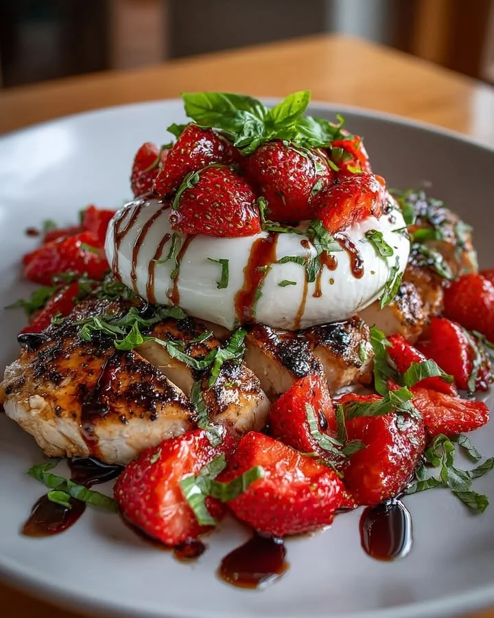 Balsamic Chicken and Strawberry Burrata Stack dish with vibrant colors