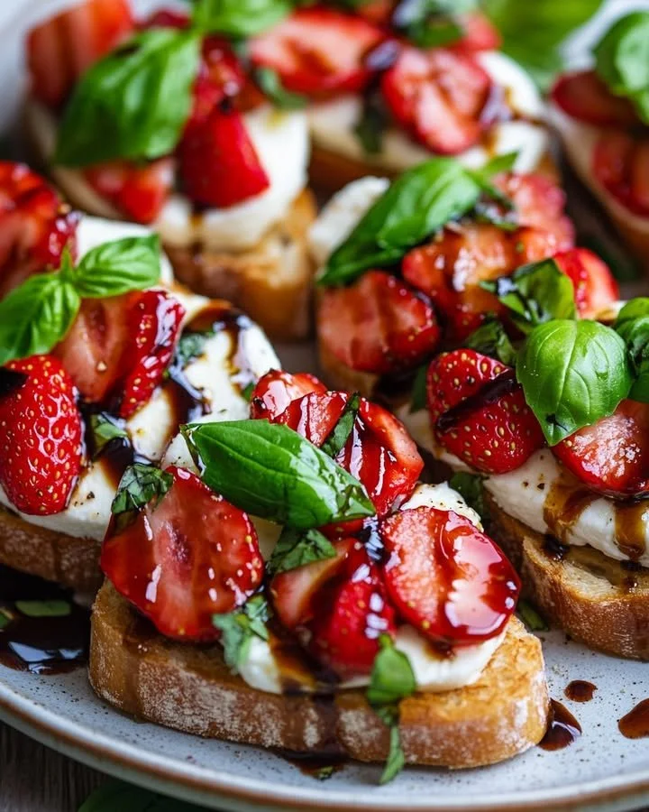 Balsamic strawberry toasts with burrata and fresh basil on a wooden board