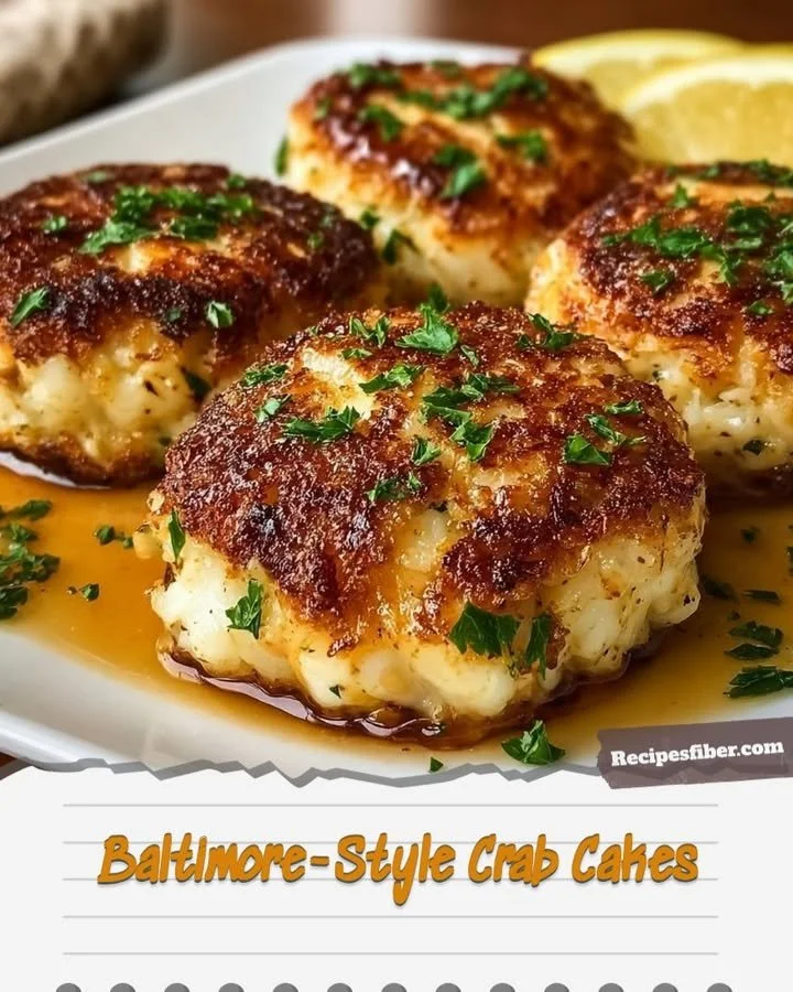 Delicious Baltimore-style crab cakes served with a side of lemon and tartar sauce.