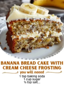Slice of banana bread cake with cream cheese frosting on a plate