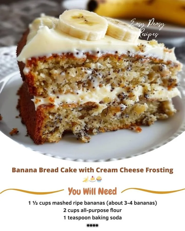 Delicious banana bread cake with cream cheese frosting on a rustic wooden table