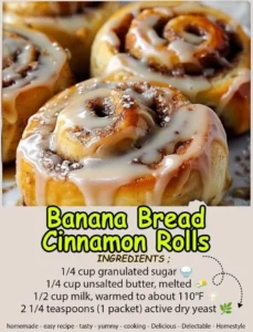 Delicious banana bread cinnamon rolls topped with icing and cinnamon