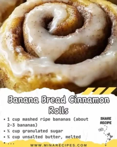 Homemade banana bread cinnamon rolls topped with creamy glaze.