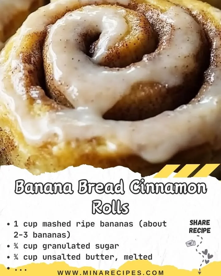 Homemade banana bread cinnamon rolls topped with creamy glaze.