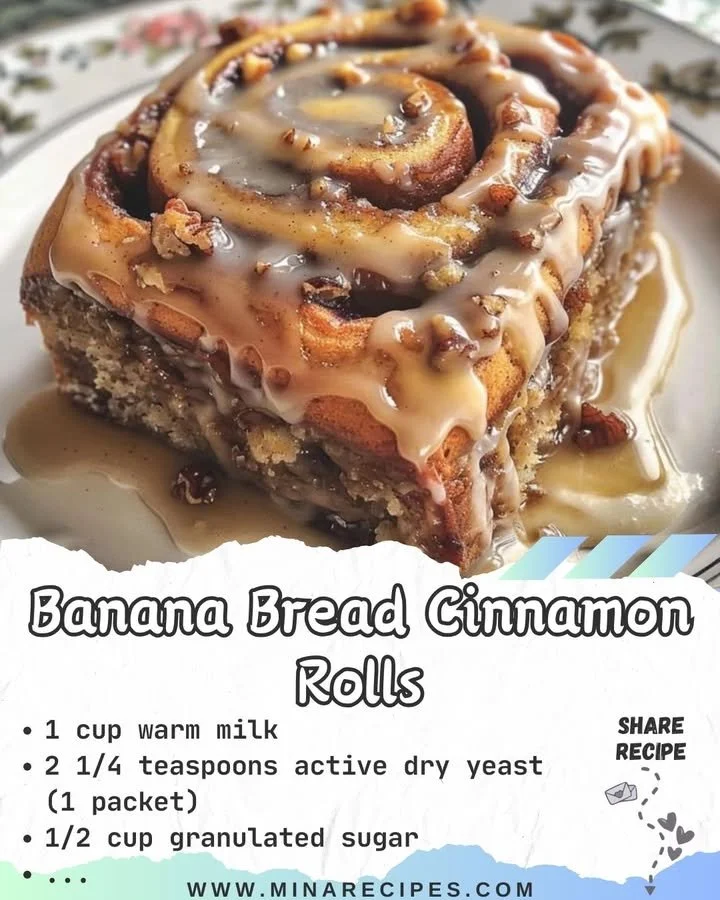 Delicious banana bread cinnamon rolls served on a plate with icing