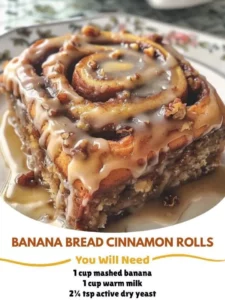 Delicious banana bread cinnamon rolls with cinnamon and frosting