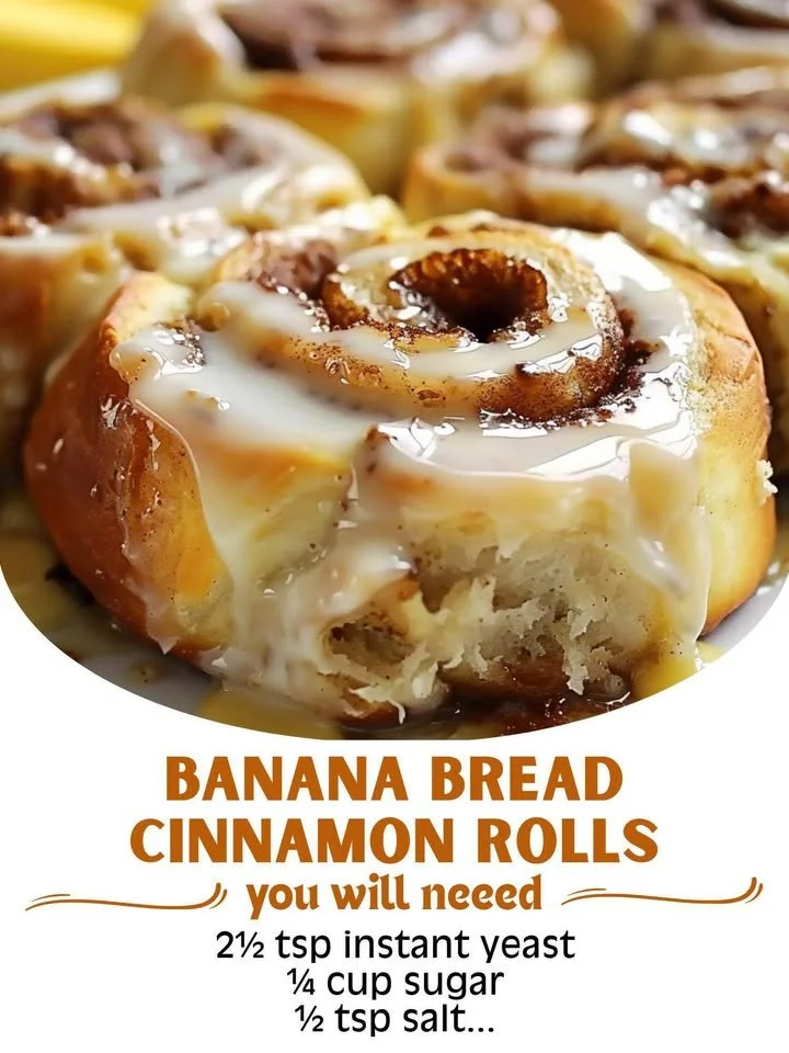 Freshly baked banana bread cinnamon rolls topped with cream cheese icing.