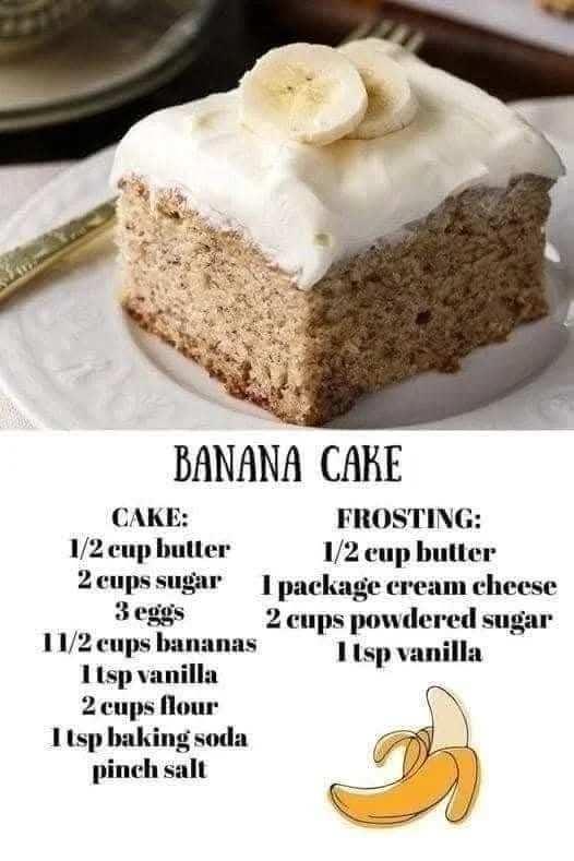 Homemade banana cake with frosting and banana slices on top