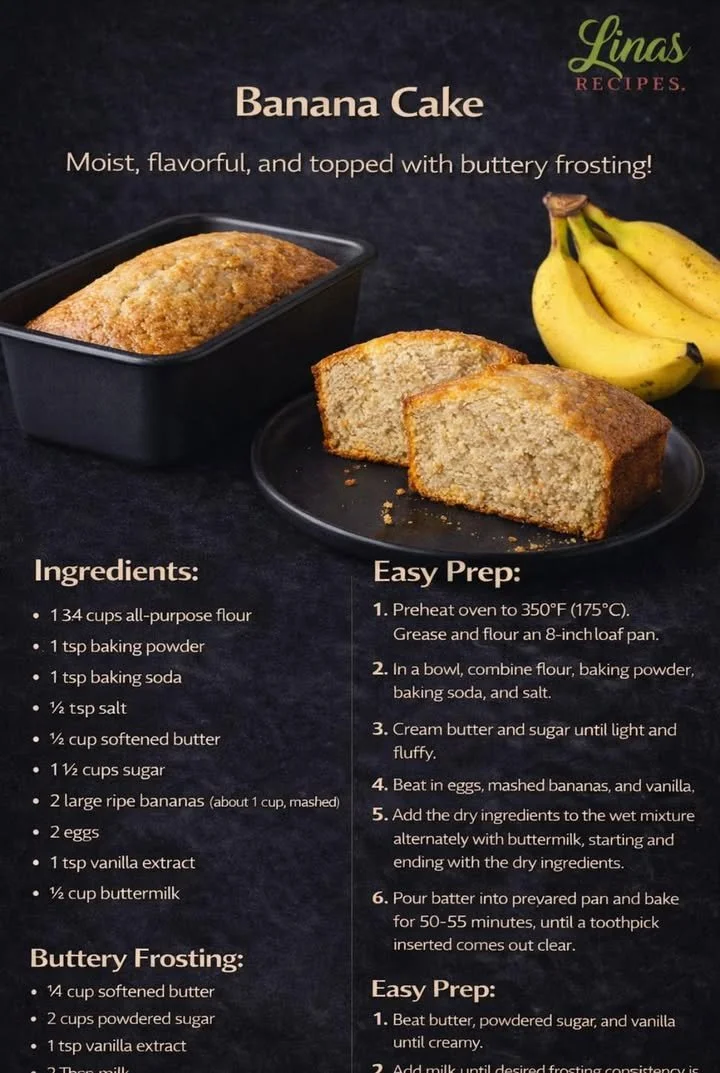 Delicious homemade banana cake topped with cream and slices of banana