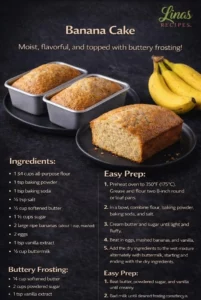 Delicious homemade banana cake with frosting and banana slices on top.