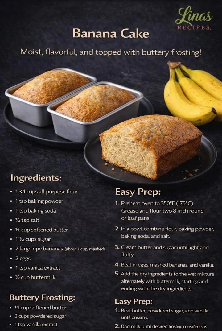 Delicious homemade banana cake with frosting and banana slices on top.