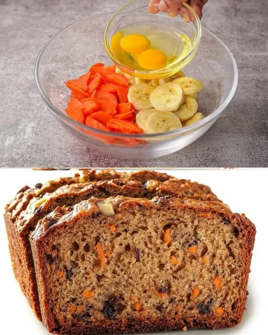 Freshly baked banana carrot bread with slices on a wooden board.
