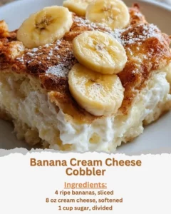 Delicious Banana Cream Cheese Cobbler served in a rustic dish